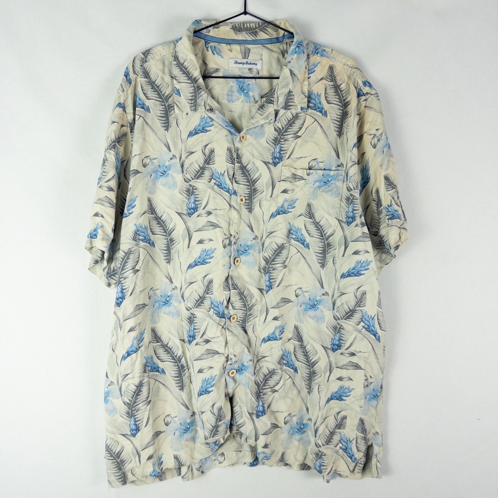 Tommy Bahama Silk Hawaiian Camp Shirt Mens XXL Cream Blue Tropical Floral Resort
